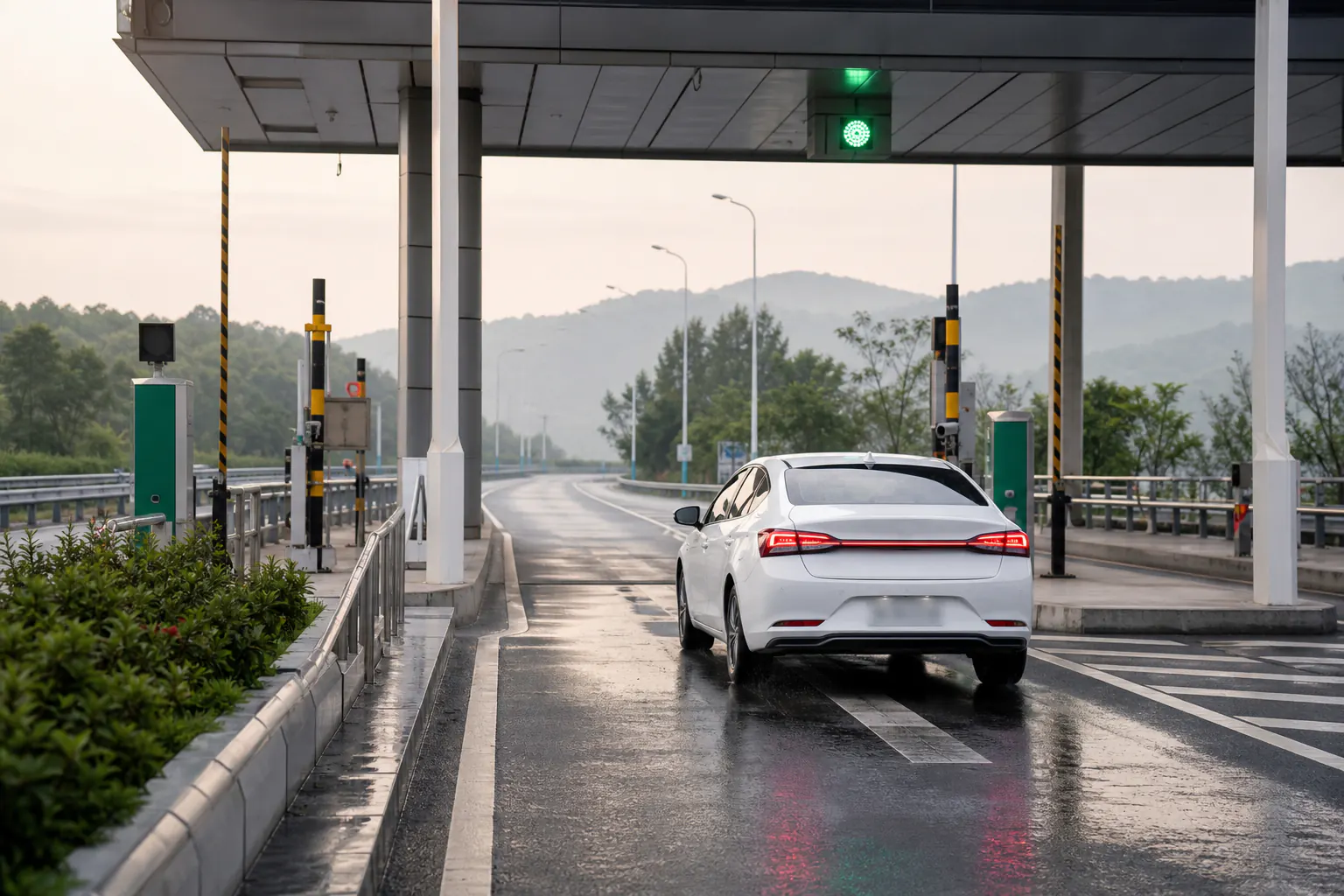 一辆白色乘用车驶入高速公路ETC通道